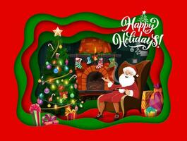 Cartoon Santa in chair near holiday pine tree vector