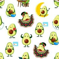 Cartoon funny avocado characters seamless pattern vector