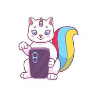 linda dibujos animados caticorn gato haciendo selfie foto vector