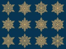 Set of laser cutting openwork snowflakes. Vector silhouette of christmas decoration. Template for paper isolated on blue background. Stencil for scrapbooking, carved wood.