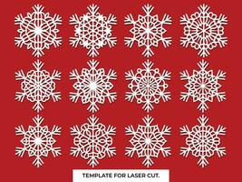Set of laser cutting openwork snowflakes. Vector silhouette of christmas decoration. Template for paper isolated on blue background. Stencil for scrapbooking, carved wood.