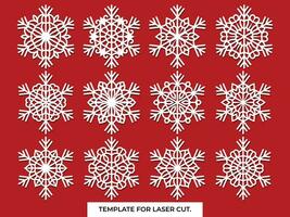 Set of laser cutting openwork snowflakes. Vector silhouette of christmas decoration. Template for paper isolated on blue background. Stencil for scrapbooking, carved wood.