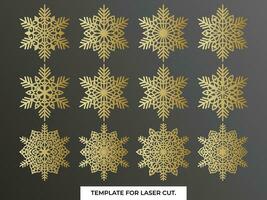 Set of laser cutting openwork snowflakes. Vector silhouette of christmas decoration. Template for paper isolated on blue background. Stencil for scrapbooking, carved wood.