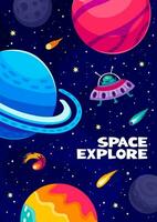 Cartoon space landscape poster with planets, alien vector