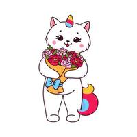 Cartoon cute caticorn cat character with flowers vector