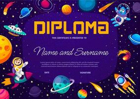 Kids diploma, cartoon astronaut, alien characters vector