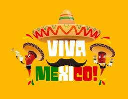 Viva Mexico banner chili pepper mariachi character vector