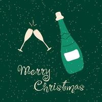 Christmas card with a bottle of champagne and a couple of glasses on a dark green background and snowflakes vector