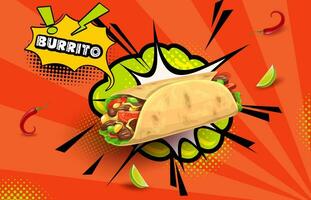 Retro comic halftone bubble with mexican burrito vector