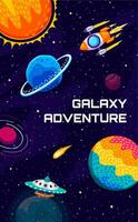 Galaxy adventure banner with flying UFO spaceship vector