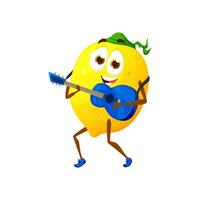Cartoon lemon strums guitar, fruit play music vector