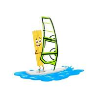 Spaghetti pasta character riding wave on sailboard vector