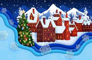 Christmas paper cut winter holiday snowy town vector