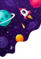 Cartoon starry space landscape, rocket and planets vector