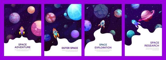 Space posters and flyers, galaxy landscape, rocket vector