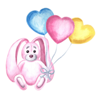 Watercolor pink bunny with colorful heart-shaped balloons with ribbons.  Hand drawn illustration for design, holiday cards, birthday and Valentine's  Day decoration, printing on packaging and covers png