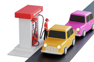 Cars Queued Up At The Gas Station 3D Illustration. Car at gas station being filled with fuel png