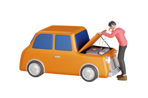 uomo chiamata per assistenza con il suo auto rotto giù di il ciglio della strada. uomo chiamata auto servizio. 3d illustrazione png