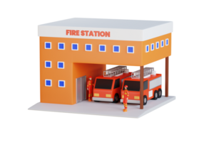 Feuer Bahnhof Gebäude 3d Illustration. Feuer Bahnhof Gebäude Außen mit Feuer Motor Lastwagen. Notfall Feuer LKW 3d Illustration png