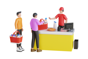 3d illustrazione di persone in piedi nel coda a memorizzare check-out contatore. persone nel drogheria memorizzare in attesa per pagare a cassiere. shopping coda nel drogheria mercato 3d illustrazione png