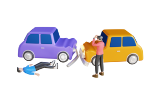 Car accident 3d illustration. Two cars collide on the road. Car crash on the street, damaged cars after collision png