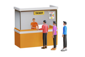 3d illustratie van mensen staan in lijn naar kopen een ticket Bij balie. mensen kopen ticket 3d illustratie png