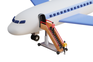 People getting onboard on plane 3D Illustration. People getting on flight. Tourism, traveling, aviation industry concept png