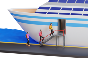 3d illustration of passenger boarding on cruise liner deck. Cruise ship with passengers queuing on the stairs to enter png