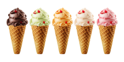 Realistic Ice cream scoop balls assorted different flavour on waffle cone png