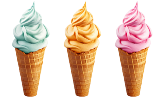 Realistic Three Ice cream assorted different flavour on waffle cone png