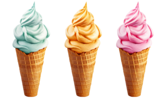 Realistic Three Ice cream assorted different flavour on waffle cone png