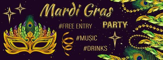 Mardi gras banner with mask, beads, feathers. Social media header size vector