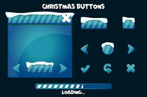 Cartoon set game ui buttons for Christmas in blue. Vector Game user interface and loading with snow.