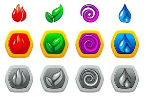 The four elements of nature - fire, air, earth, and water in different variants and colors. Set of icons for the game. vector