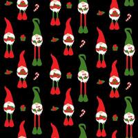 Cute Christmas pattern with gnomes. Seamless pattern with gnomes and Christmas things on black background vector