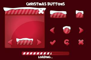 Cartoon set game ui buttons for Christmas in red. Vector Game user interface and loading with snow.