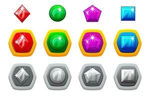 Game gemstones, magic jewels, royal precious gems for casino slot machines, gambling, lotteries, or mobile puzzle UI elements. Fantasy cartoon GUI trophy. vector