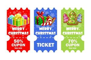 Voucher set Merry Christmas gift in cartoon style. New year. Vector ticket or the coupon.