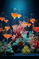 Intricate positioning of wine glasses in underwater environment captured in a palette of deep sea blue coral reef orange and marine green photo