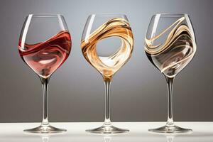 Liquid movements captured within tilting wine glasses portrayed in a palette of burgundy red champagne gold and crystal clear photo