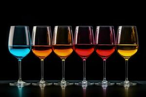 Manipulated light refraction through wine glasses carrying different liquids captured in a palette of radiant ruby red sapphire blue and topaz yellow photo