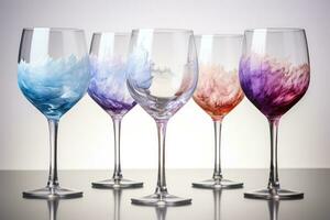 Crystalline patterns frozen in wine glasses using natural ingredients captured in a palette of frosty white iceberg blue and lavender purple photo