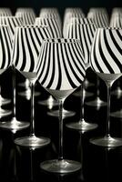 Optical illusion of monochrome patterns in wine glasses using striped backdrops captured in a palette of absolute black pure white and grayscale gradient photo