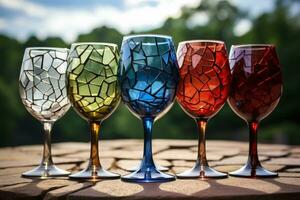 Deconstruction and reconstruction of wine glasses creating intricate mosaic forms captured in a palette of stained glass green cathedral red and mosaic blue photo