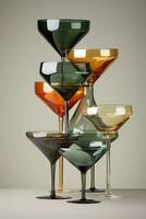 Empty wine glasses stacked in abstract sculptures captured in a palette of earthy brown forest green and misty grey photo