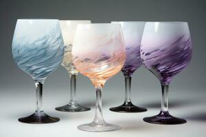 Crystalline patterns frozen in wine glasses using natural ingredients captured in a palette of frosty white iceberg blue and lavender purple photo