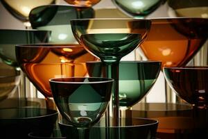 Empty wine glasses stacked in abstract sculptures captured in a palette of earthy brown forest green and misty grey photo