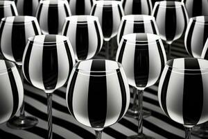 Optical illusion of monochrome patterns in wine glasses using striped backdrops captured in a palette of absolute black pure white and grayscale gradient photo