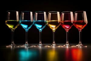 Manipulated light refraction through wine glasses carrying different liquids captured in a palette of radiant ruby red sapphire blue and topaz yellow photo