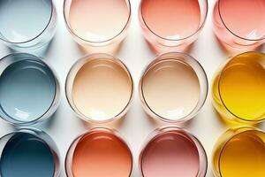 macro lente estudios de vino lentes lleno con raro sustancias capturado en un paleta de coral rosado marinero azul y botón de oro amarillo foto